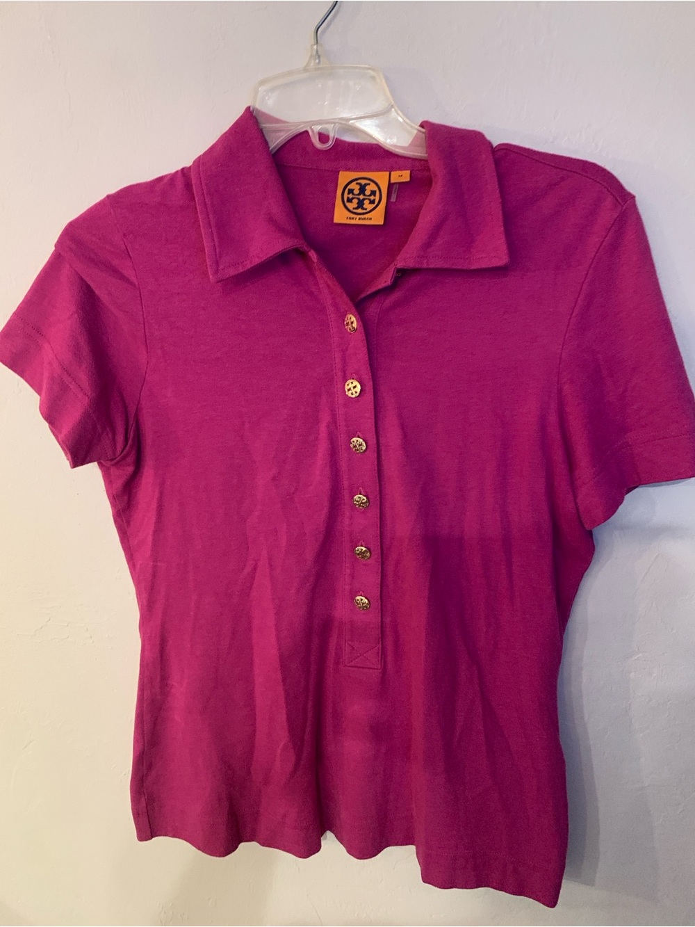 Tory Burch Magenta Short-Sleeve Polo Logo Button Front Shirt Woman M